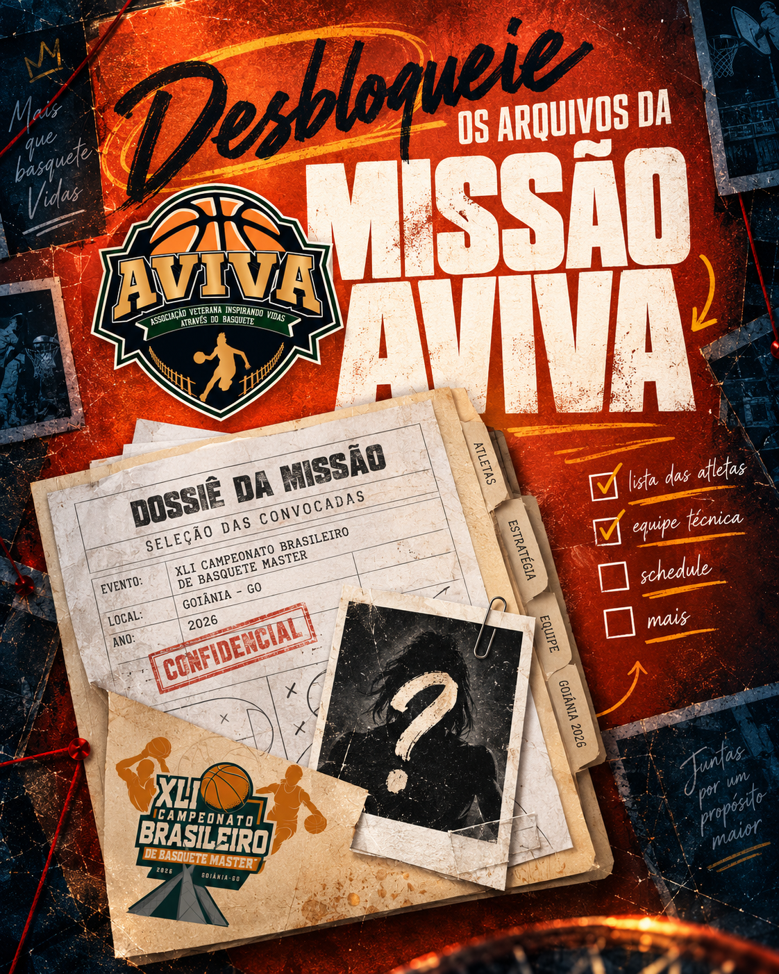 Arte original Desbloqueie os arquivos da Missão AVIVA, com pastas confidenciais, logos AVIVA e Brasileiro Master, em laranja e azul escuro